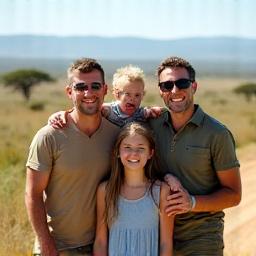 Famille souriante posant devant un paysage africain.